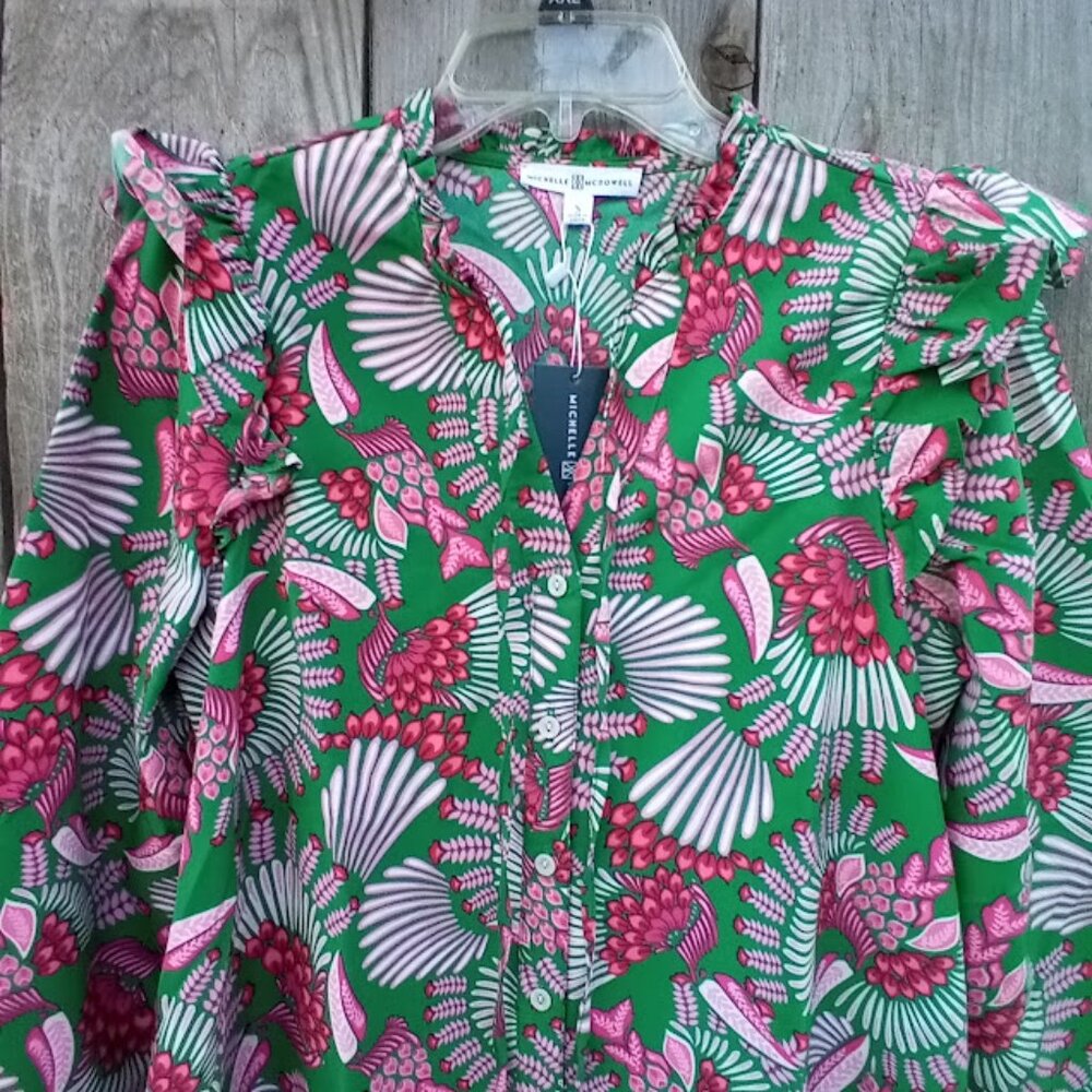 Michelle McDowell Toucan Tango Dress Women S Green Colored Tunic Poplin New - Picture 3 of 13